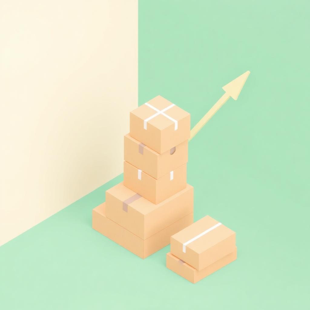 Stacked product boxes ascending with a growth arrow