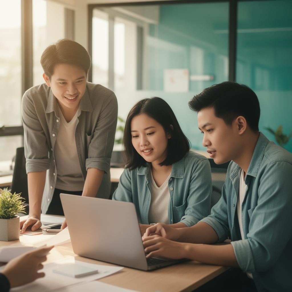 Young ambitious team collaborating in a modern startup workspace
